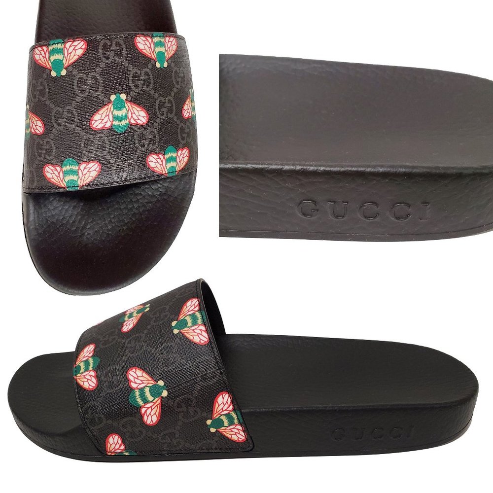 GUCCI SHOES MENS BESTIARY GG SUPREME LOGO BEE PRINT SLIDES SANDALS